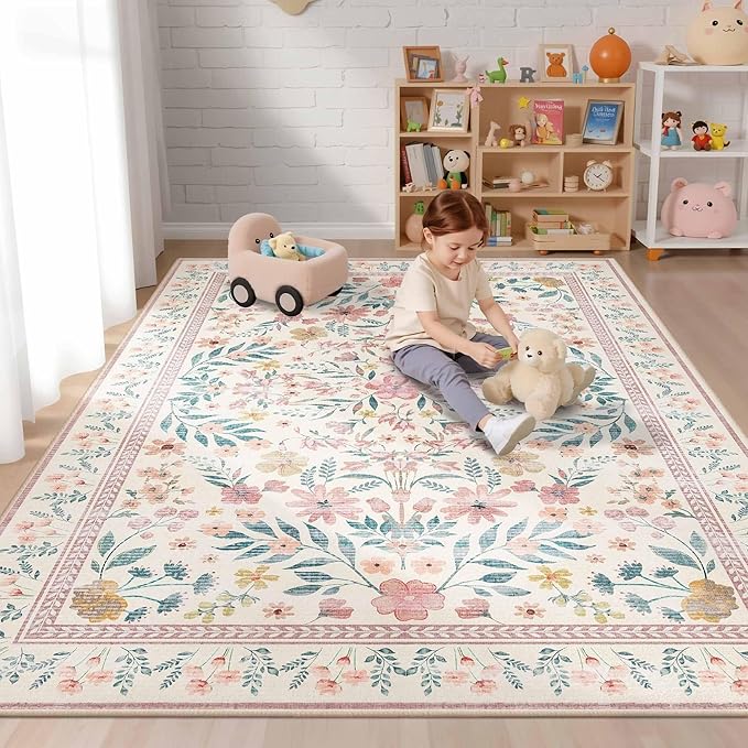 Pink Rug for Living Room Bedroom, 5x7 Washable Floral Rug, Vintage Boho Area Rug, Large Non Slip Low Pile Wool Carpet for Indoor Dining Room,Girls Room,Nursery Room and Kids Room(Pink 5x7ft)