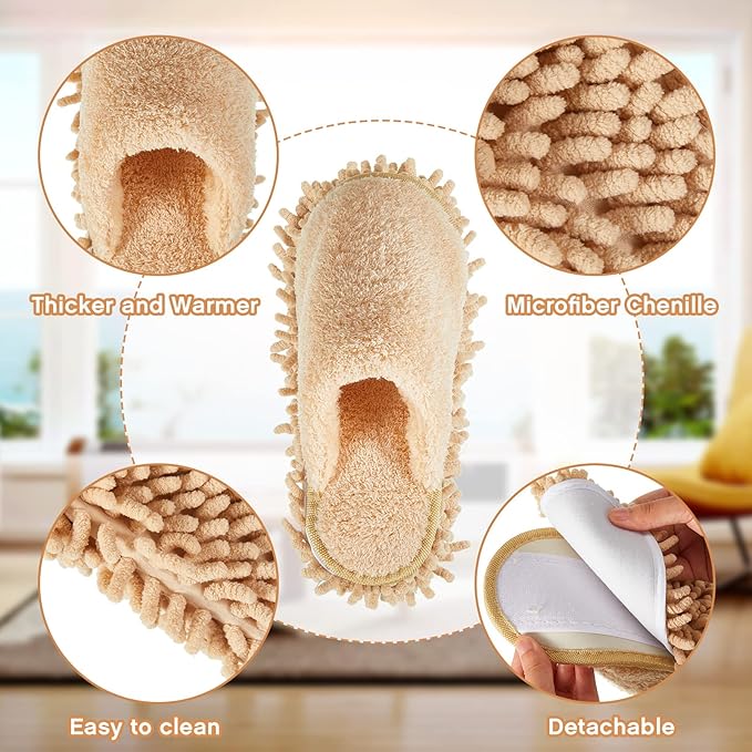 Gerrii 4 Pair Microfiber Cleaning Mop Slippers - Detachable Washable House Mop Slippers for Men and Women, Ideal for Kitchen Floor Dust Cleaning, Includes Blue, Gray, Pink, Beige(Large)