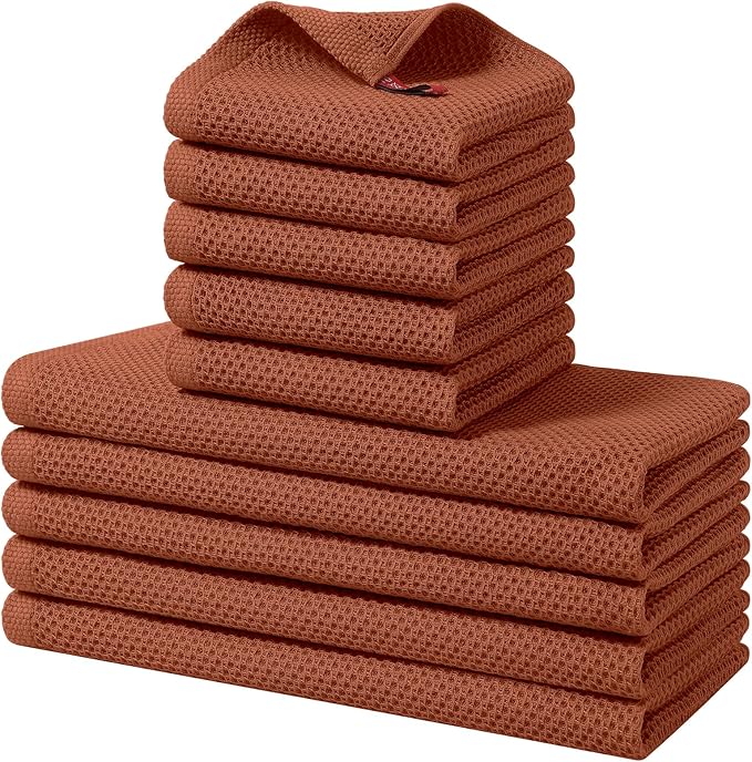 Homaxy 100% Cotton Kitchen Towels and Dishcloths Set, 12 x 12 Inches and 13 x 28 Inches, Set of 10 Bulk Kitchen Towels Set, Ultra Soft Absorbent Dish Cloths for Washing Dishes, Rust