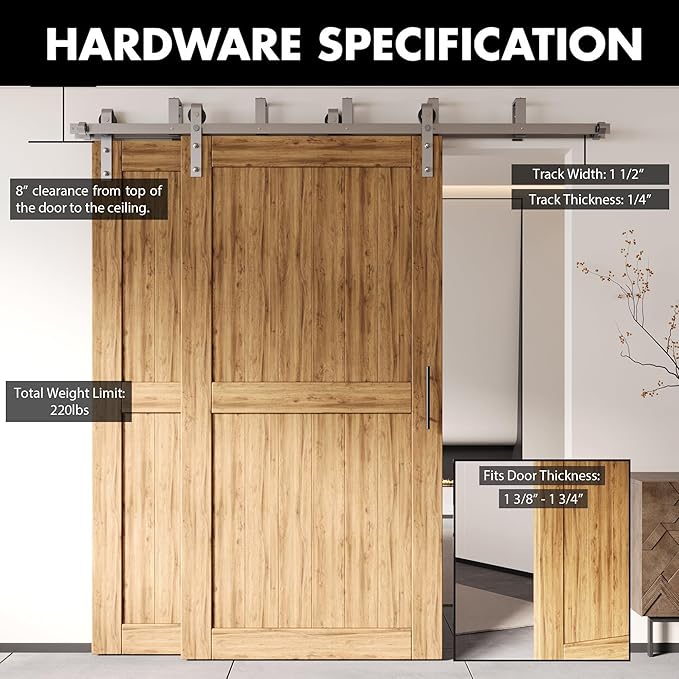 Homacer Brushed Nickel Double Track U-Shape Bypass Sliding Barn Door Hardware Kit, for Two/Double Doors, 18ft Long Flat Track, Classic Design Roller