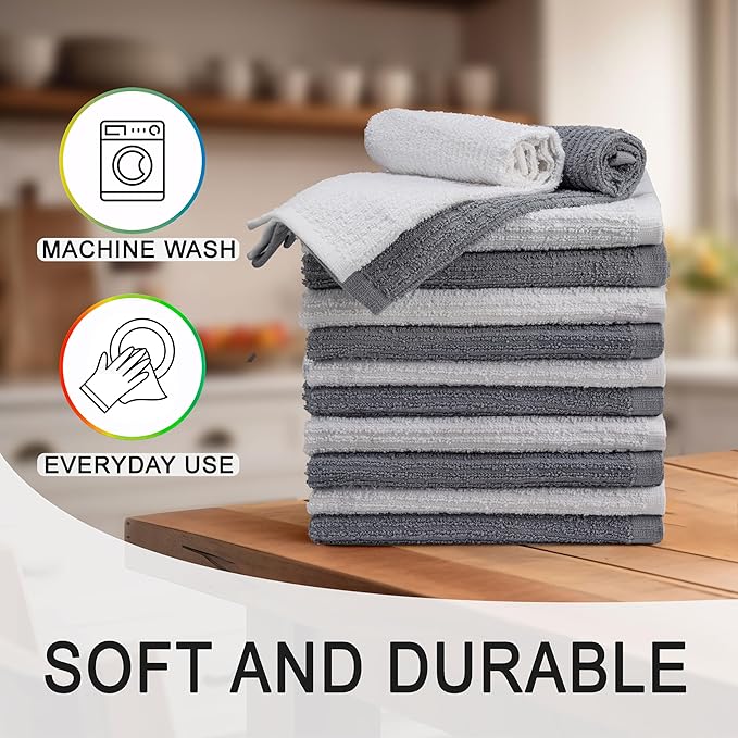 Textila Bar Mop Towels - 100% Cotton, 16x19 Inches, Pack of 12, White & Grey, Highly Absorbent, Multi-Purpose Kitchen and Dish Towels for Cleaning, Drying, and Everyday Use