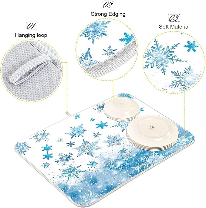 Winter Snowflake Blue Dish Drying Mat for Kitchen Countertop 16x18 Christmas Snowman White Xmas Small Drying Mat Reusable Quick Dry Dish Sink Mats Easy Clean Decorative Essentials