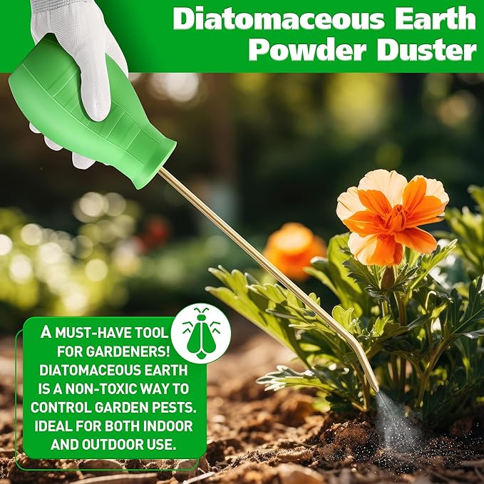 Diatomaceous Earth Powder Duster, 8OZ Garden Powder Applicator Dispenser with Long Metal Tube, Bulb Duster Sprayer for Home Organic Gardening Agricultural Supply(Green,1 Pack)