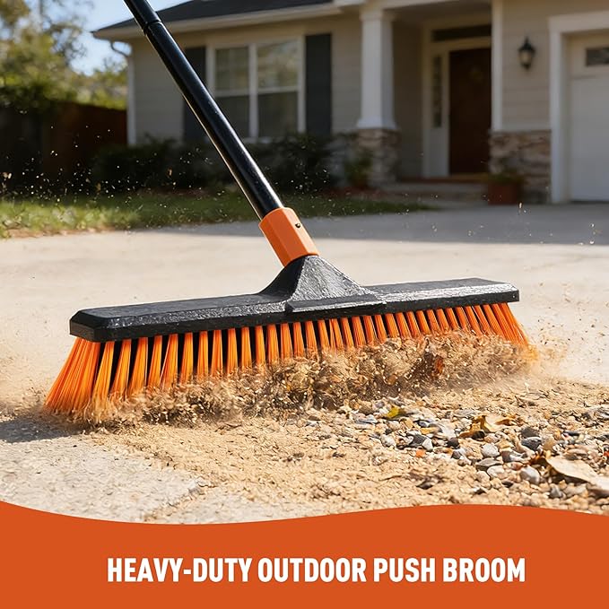 18" Push Broom Outdoor for Floor Cleaning with Extendable Long Handle, Stiff Bristle Heavy Duty Broom for Bathroom, Kitchen, Tub, Tile, Patio, Deck, Concrete, Industrial