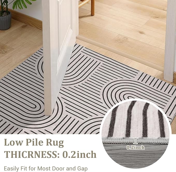 Washable Rug 9x12 Area Rugs for Living Room, Abstract Rug for Bedroom, Soft Rainbow Non Slip Throw Rugs with Rubber Back, Low Pile Stain Resistant Boho Geometric Carpet for Dining Room, LightCamel
