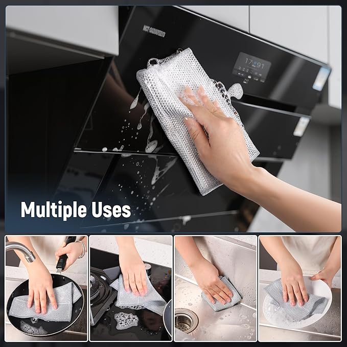 3 Layers Non Scratch Wire Dish Cleaning Supplies 12PCS - Wire Dishwashing Rag Home Essentials-Reusable Steel Wool Scrubber Washcloths,Kitchen Towels and Dishcloths Set for Pans Sinks & Cookware