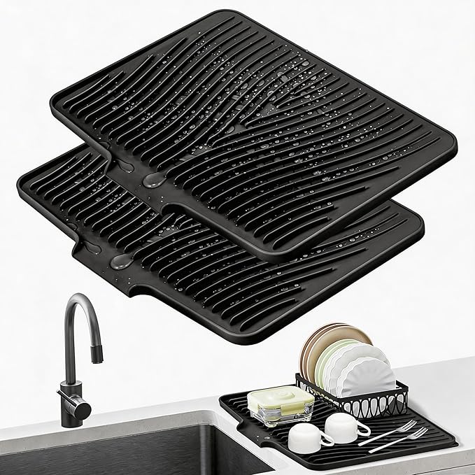 Dish Drying Mat, Stone Drying Mat for Kitchen Counter with Built-in Drain, Non-Slip Drying Matt Kitchen Counter, Heat Resistant Silicone Drying Mat, Dish Drying Pad, 2 Pcs (Black 20" x 15")