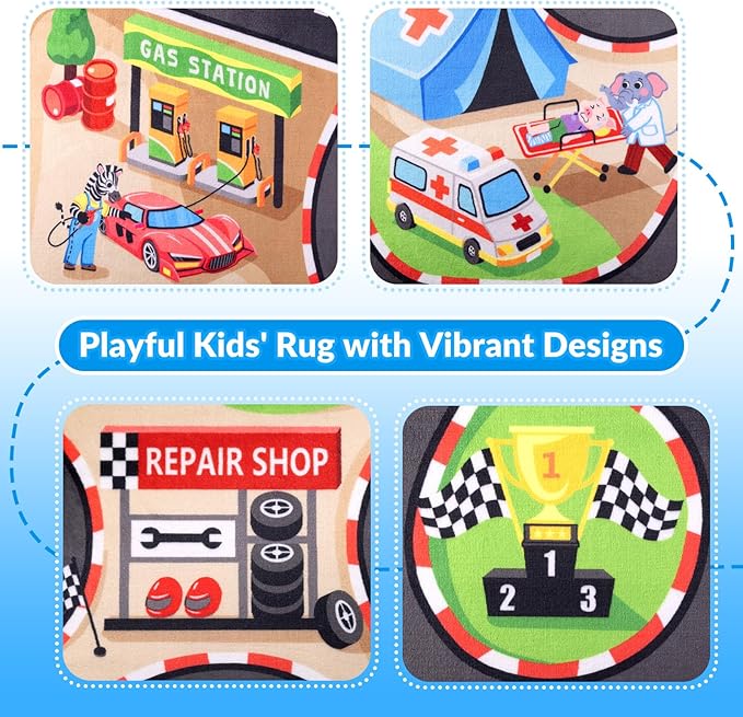 Kids Rug, Race Track Baby Play Mats, 6x9 FT Race Car Rug with 3D Cascading Surround Route, Soft & Non-Slip, Machine Washable Race Road Carpet for Kids Room, Boys Room, and Playroom