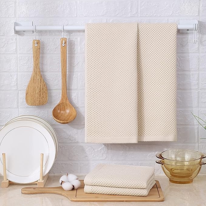 Kitinjoy 100% Cotton Waffle Weave Kitchen Hand Towels (13 X 28 Inches, Beige), 8-Pack Super Soft and Absorbent Dish Towel for Drying Dishes