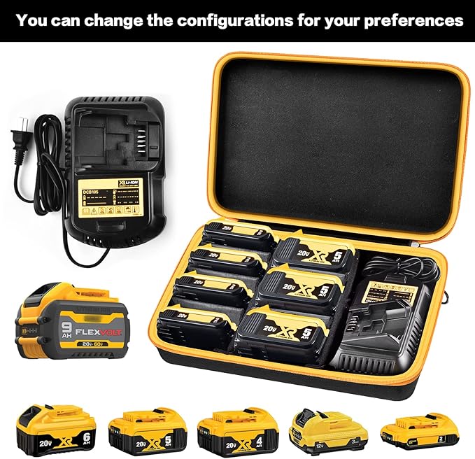 Extra Large Battery Storage Holder Case for DEWALT 20V/ 60V MAX XR Battery &Charger, Tool Batteries Pack Carrier Box for 20V 60V 2.0/3.0/4.0/5.0/6.0/9.0-Ah Batteries, Adapter - Black Inside