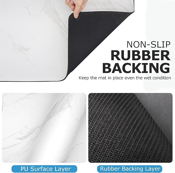 Dish Drying Mat Coffee Bar Mat for Kitchen Counter, Absorbent Dish Rack Pad Hide Stain with Non-slip Rubber Backed Coffee Accessories Fit Under Espresso Machine Maker White Marble 22.83"x14.96"