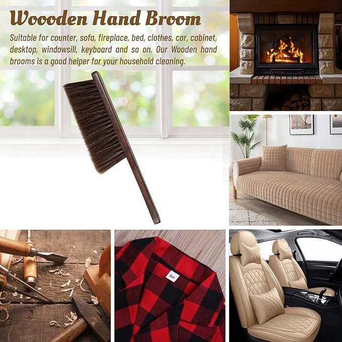 Woooden Hand Broom Dust Brush Bench Brush with Wood Handle Whisk Broom Soft Bristle Brush for Clothes Bed Fireplace Sofa Counter Car Household Cleaning