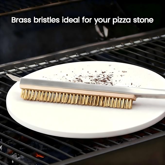 Thornfield 26” Pizza Oven Brush with Scraper - Heat Resistant Brass Bristles, Extra Long Handle - Compatible with Ooni Ovens, Outdoor Ovens, BBQ Tools, Baking Stones and Griddles- Includes Spare Head