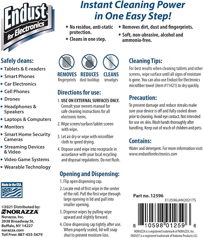 Endust For Electronics; Anti-Static Screen & Surface Cleaning Wipes; For Tablet, E-Reader, Monitor, Laptop, Phone, TV, and More; Pre-Moistened, Alcohol & Ammonia Free, 140 Wipes (Pack of 2)