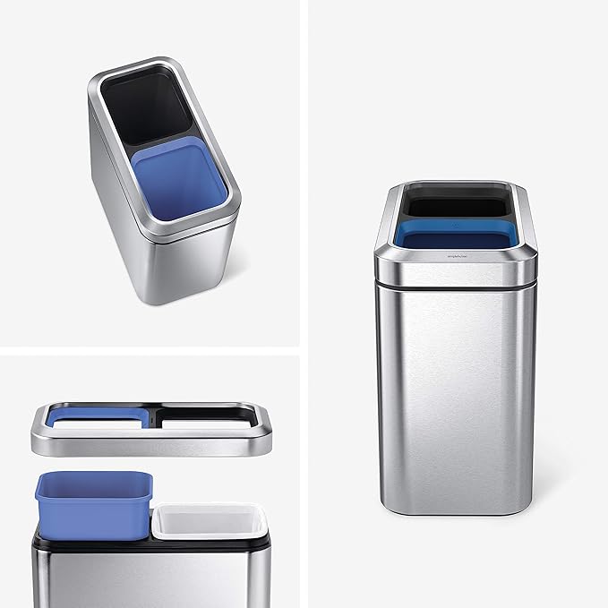 simplehuman 20 Liter / 5.3 Gallon Dual Compartment Recycling Can, Slim Open Top Office Trash Can, Commercial Grade Heavy Gauge Small Trash Can, Brushed Stainless Steel