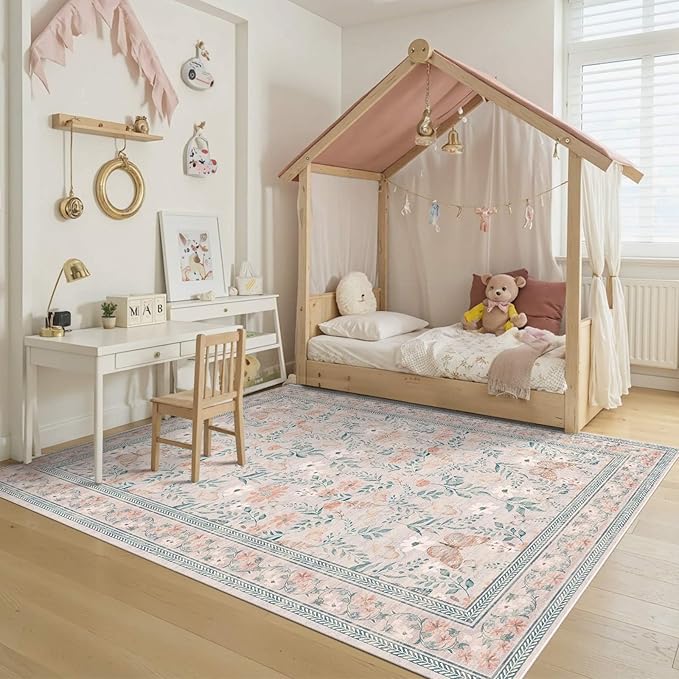 Pink Floral 5x7 Washable Area Rug, Vintage Boho Non Slip, Low Pile Rugs for Bedroom,Girls Nursery Kids Room,Dining Room,Livingroom(Coral 5x7ft)
