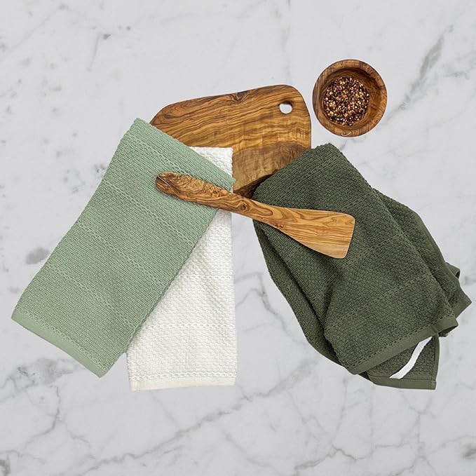 Sage White Dark Green Kitchen Hand Dish Towels: Oversized 28" x 18",100% Cotton Cloth Soft Cleaning Drying Absorbent Textured Design, Set of 3 Multipurpose for Everyday Use (Natural Collection)