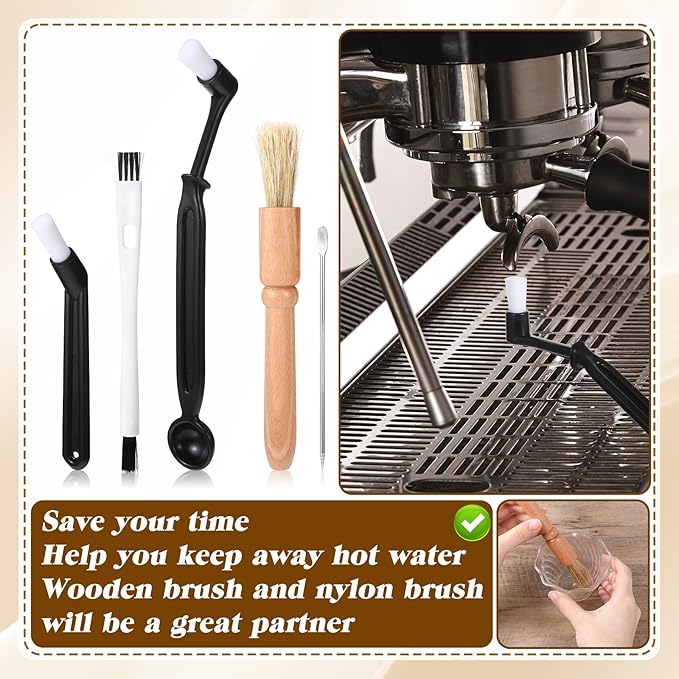 5 Pcs Coffee Brush Set Professional Espresso Brushes Kit Includes Wooden Coffee Grinder Machine Cleaning Brushes Nylon Espresso Brush Coffees Machine Group Head for Barista Home Kitchen Machines Wash