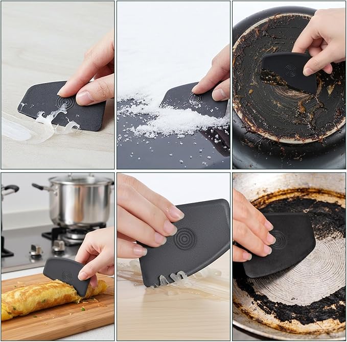 Pan Scraper Tool 5 Pack Plastic Pot Scraper Dish Scrapers for Cast Iron Food Scrapers Tool Non-Scratch Plastic Bowl Scraperes for Cleaning Grease Burnt Food （Black Thickness 0.078 inches