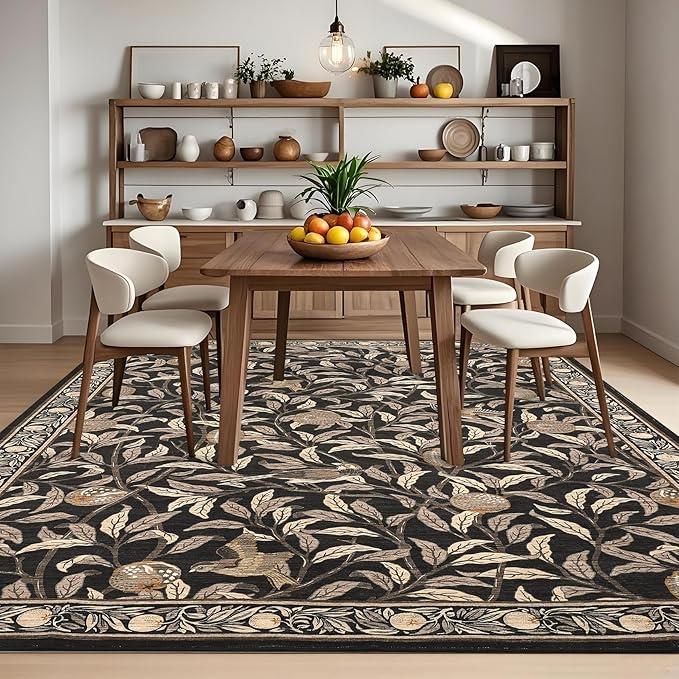 GarveeHome 8x10 Area Rugs for Living Room, Boho Leaf Rugs for Bedroom with Soft Low Pile, Non Slip Botanical Bird Large Washable Rug 8x10 for Dining Room Stain Resistant Brown Throw Rug