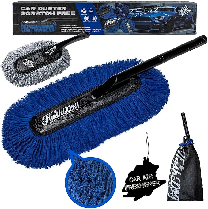 Flash Dog Wood Handle Car Duster Exterior + Mini Interior Brush Waterless Exterior Scratch-Free Cleaning for Cars/SUV/Truck/RV & Dash Detailing | Waxed Cotton & Microfiber