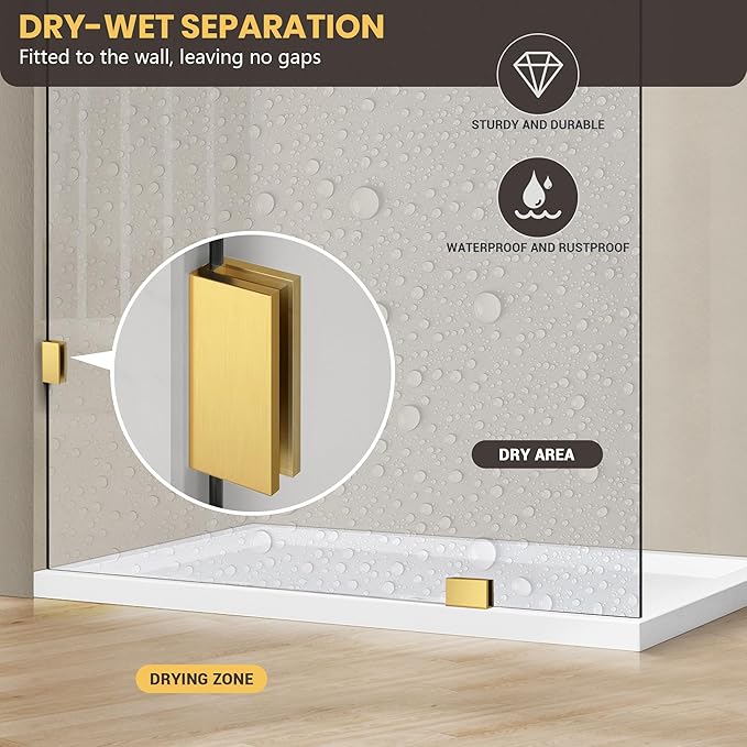 24" W x 78" H Frameless Shower Glass Panel, Single Fixed Shower Panel Screen with Clamps, 5/16"(8mm) Clear Tempered Glass, Bathroom Shower Doors Fixed Shower Glass Door Panel in Brushed Gold
