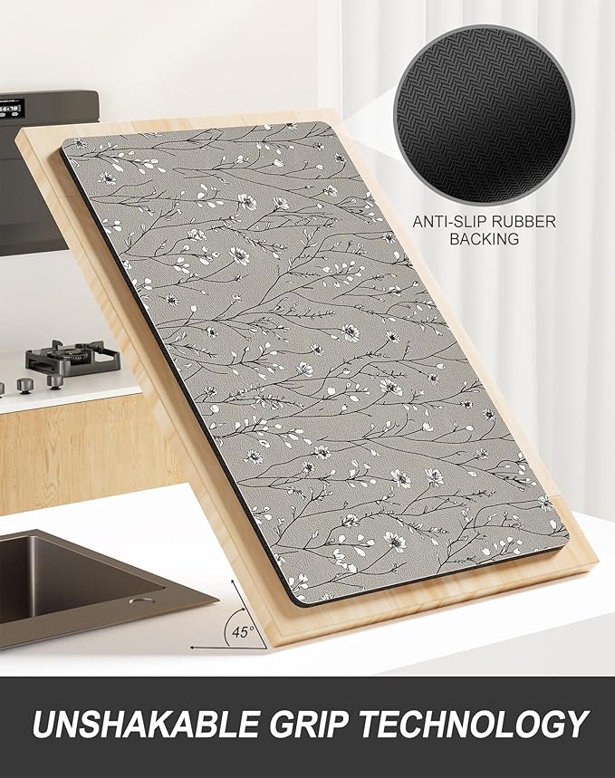 Rnivvi Dish Drying Mat for Kitchen Counter, XL 15 x 24" Cute Flower Theme Absorbent Draining Pad, Non-Slip Heat Resistant Coffee Bar Mats for Coffee Machine Station Accessories, Grey Dish Rack Pad