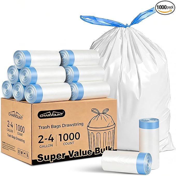 Charmount Small Trash Bags 4 Gallon-1000 Count Drawstring Mini Garbage Bags, Plastic Trash Can Liners for Bathroom Accessories, Bedroom, Dorm Room Essentials, Office