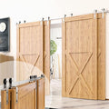 Homacer Brushed Nickel Single Track Bypass Sliding Barn Door Hardware Kit, for Four Doors, 14ft Long Flat Track, StraightDesign Roller, (2 Flat+ 2 Bent Roller Set)