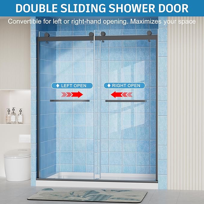 Frameless Shower Door, 56-60" W x 72" H Double Sliding Shower Doors, 1/4" (6mm) Thick Tempered Clear Glass Door with Explosion-Proof Film Nano Coating, Stainless Steel Hardware, Matte Black