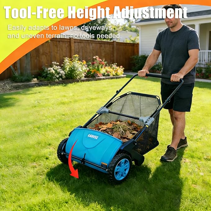 Manual Push Lawn Sweeper 21-Inch, Yard Leaf & Debris Collector with 3.5 Cu. Ft. Collection Bag, Adjustable Brush Height for Lawns & Driveways, Foldable Storage Design
