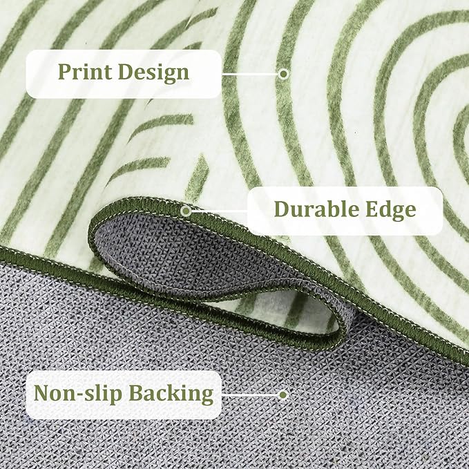 Washable Rug 4ft Area Rugs for Living Room, Abstract Rug for Bedroom, Soft Rainbow Non Slip Throw Rugs with Rubber Back, Low Pile Stain Resistant Boho Geometric Carpet for Dining Room,Green