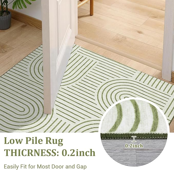Washable Rug 4ft Area Rugs for Living Room, Abstract Rug for Bedroom, Soft Rainbow Non Slip Throw Rugs with Rubber Back, Low Pile Stain Resistant Boho Geometric Carpet for Dining Room,Green