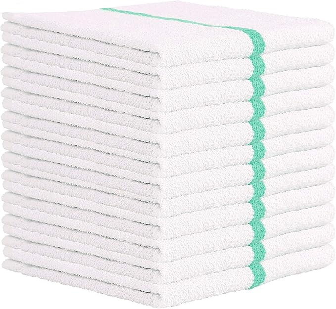 Nabob Wipers Kitchen Bar Mop Terry Towels 12 Pack - 100% Cotton - Size 14x17 - Perfect for Your Home, Kitchen, Bathroom, Bars, Restaurants & Auto - Super Absorbent (Green Stripe)
