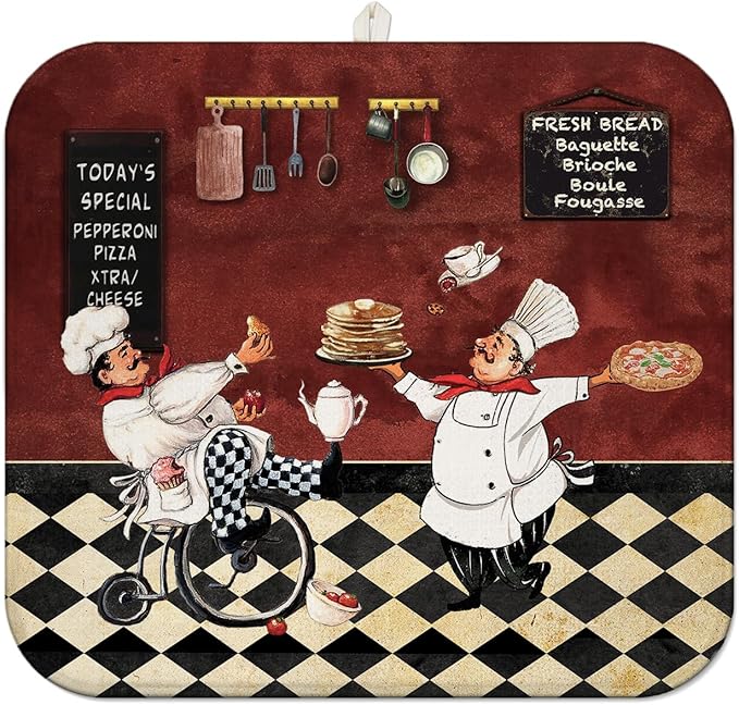 Chef Dish Drying Mat For Kitchen Counter, Italian Wine Red Fat Chef Microfiber Drying Mat, Washable Absorbent Kitchen Countertop Dish Mat Drain Mat 16×18 Inch