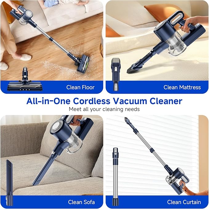Cordless Vacuum Cleaner for Home: 6-in-1 Stick Vacuum with Powerful Suction, Rechargeable, Anti-Tangle Pet Hair Brush, Self-Standing, Green LED Headlight Vacuum for Carpet & Hardwood Floors-Dark Blue