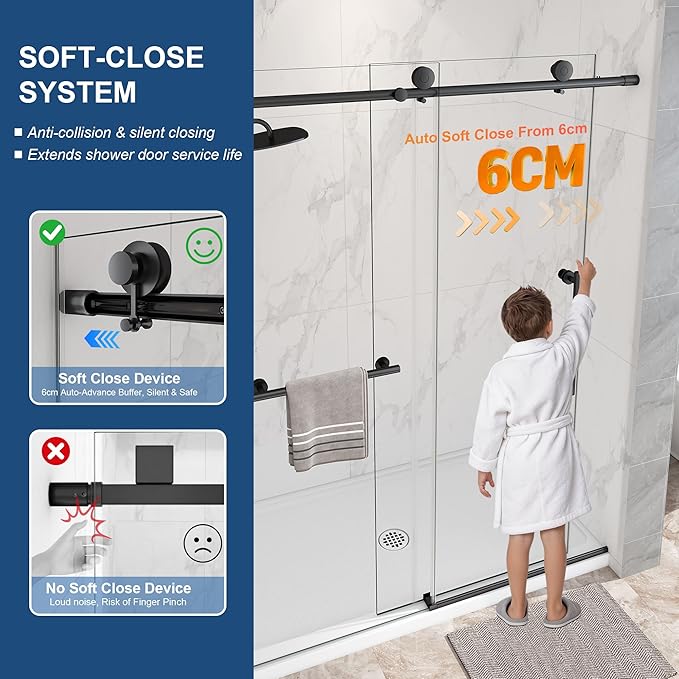 Frameless Shower Door,5/16" (8mm) Glass Sliding Shower Door with Soft-Close & Anti-Leak,Nano Coating Anti-Explosion Film SGCC Tempered Glass 55"- 60" W x 76" H,Matte Black