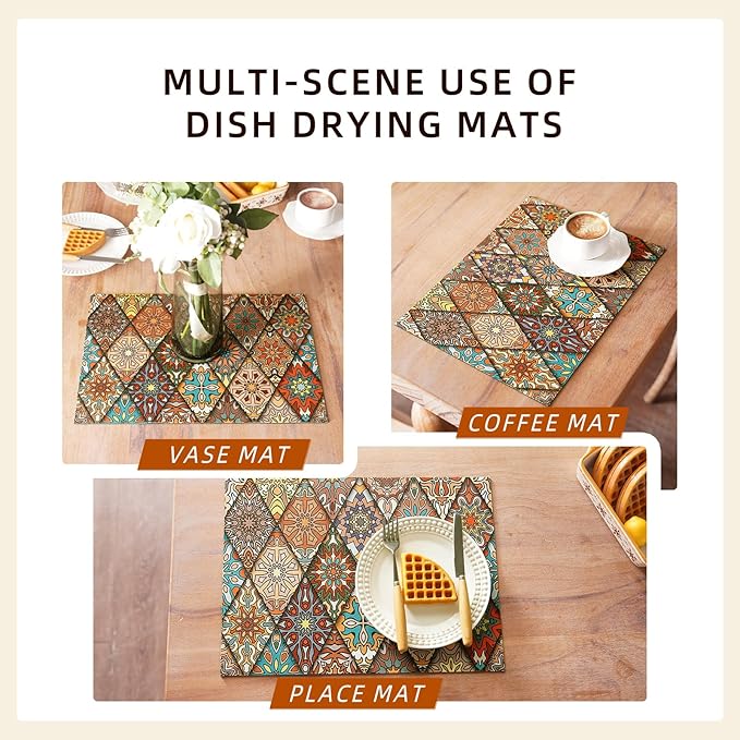 Dish Drying Mat Mexican Absorbent Coffee Mat Rubber Backed Moroccan Soft Silicone Kitchen Dish Draining Mat for Kitchen Bathroom Coffee Bar (Rhombic, 16 x 24 Inches)