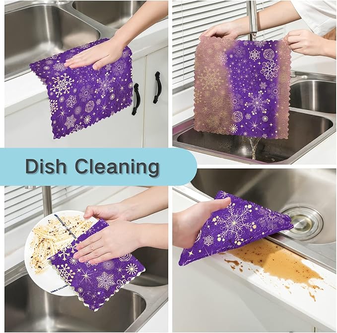 Dish Towels Kitchen Cleaning Cloths Winter Violet Purple With Gold Snowflakes Christmas Dish Cloths Super Absorbent Kitchen Towels Lint Free Bar Tea Soft Towel Kitchen Accessories Set of 6,11"x11"