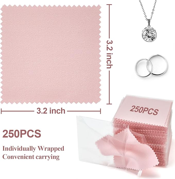 250PCS Jewelry Cleaning Cloth, Professional Polishing Cloth Individually Wrapped, Pink Silver Polishing Cloth for Jewelry Sterling Silver Gold Platinum Watch Coins and More (3.15" x 3.15")