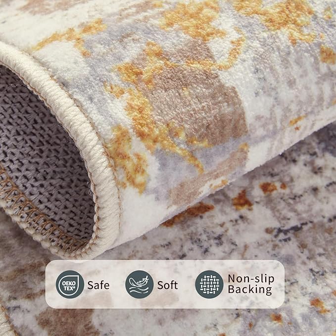 3x5 Washable Entryway Rug, Non Slip Boho Runner Rugs for Hallway, Entrance, Kitchen, Bathroom, Laundry Room, Soft Entryway Carpet, Throw Low Pile Retro Imitation Wool Carpet, Gold Beige