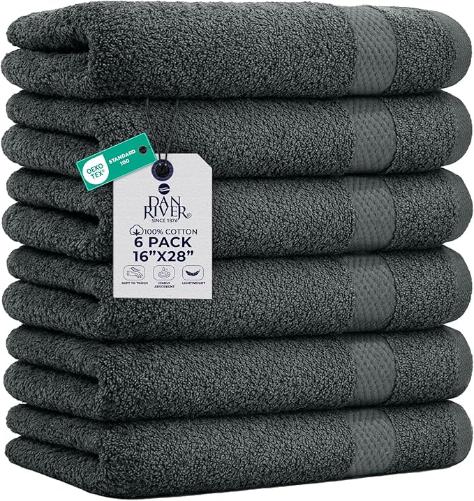 DAN RIVER 6-Pack Premium Hand Towels (16x28 Inches) - 100% Cotton, Ultra Soft, Lightweight, Highly Absorbent Towels for Bathroom, Spa, Gym, Salon, Hotel, and Travel – Gray