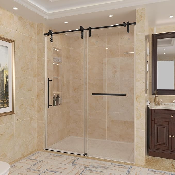 56-60" W x 76" H Frameless Shower Door,Sliding Shower Door with 5/16"(8mm) Clear SGCC Tempered Glass,Glass Shower Door w/Seal Strip Parts and Handle,Stainless Steel Hardware,Black