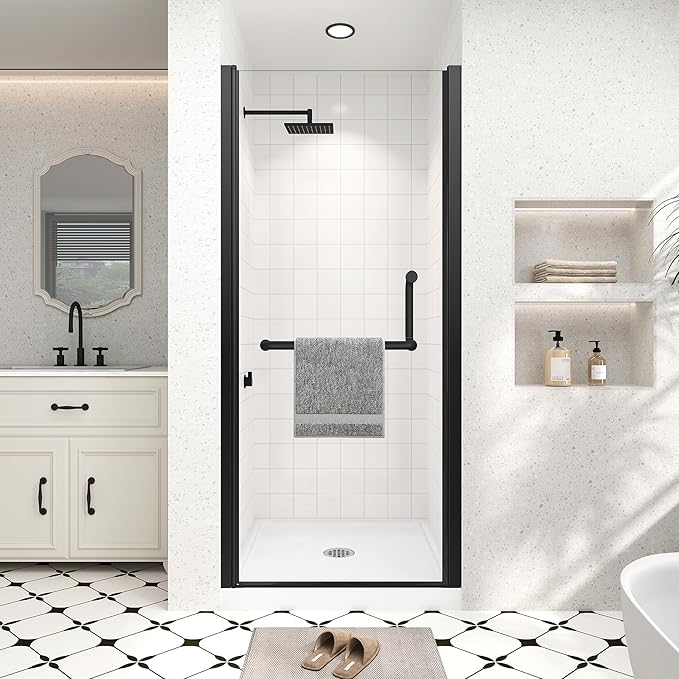 Frameless Pivot Shower Door 32"-34" Wx72 H,1/4"(6mm) Clear Nano Coated (SGCC) Tempered Glass,Reversible Swing Shower Door for Walk-in Shower,Modern Matte Black Finish