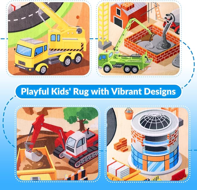 Kids Rug, 5x7 FT Construction Site Car Rug Play Mat, Soft & Durable, Non-Slip, Machine Washable, Cartoon Construction Site Pattern Car Carpet Playmat for Kids Room, Playroom & Nursery