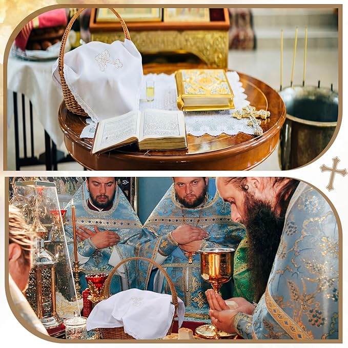 Easter Orthodox Pascha Basket Cover Table Decoration Easter Religious Gift 16" Square Orthodox White Cross Embroidered Natural Crochet Large Cloth Communion Prosphora Greek Christian Altar