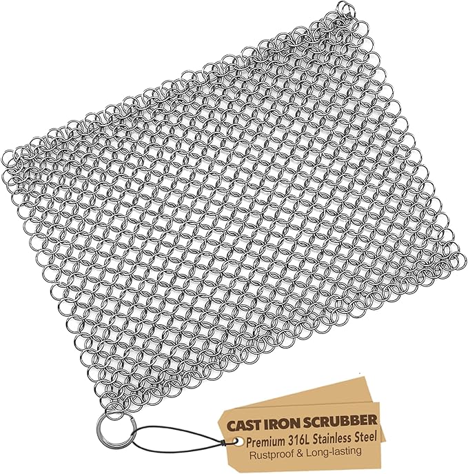 Cast Iron Scrubber 316 Stainless Steel Skillet Cleaner 8"x6" Chainmail Scrubber Scraper Chain Mail Link Scrub for Cast Iron Pre-Seasoned Pans, Griddles, BBQ Grills, and Pot Cookware Cleaning