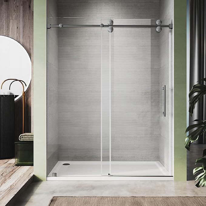 66-72 Inch x 80 Inch Sliding Frameless Shower Door, 3/8" Tempered Glass with Easy-Cleaning Coating, Stainless Steel Rollers & SGCC-Certified Stability, Space Gray