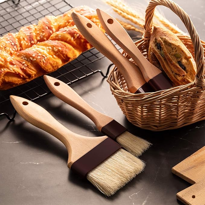 Boao Natural Bristle Pastry Brush Beech Wooden Handle Basting and BBQ Brushes for Cooking, Butter, Oil, Egg, Marinade, Grilling, Baking, Kitchen Food(1, 2, 3 Inch)