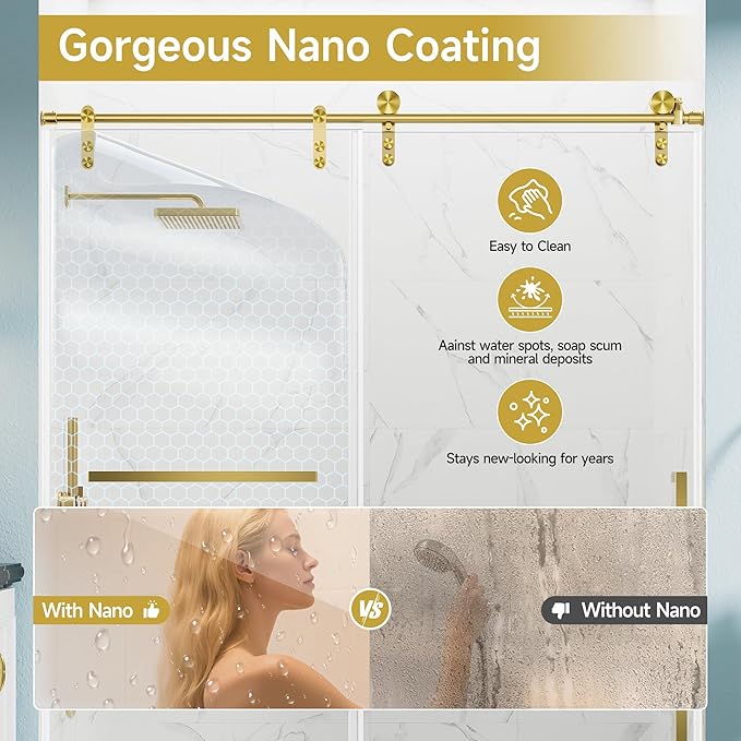 56-60" W x 75" H Shower Glass Door, Frameless Sliding Shower Door, 5/16"(8mm) Tempered Glass Shower Doors for Walk in Shower with Explosion-Proof Film, Brushed Gold Stainless Steel Hardware